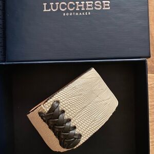 Lucchese Cream and Black Exotic Leather Bracelet 8 In with Bag, Box, Receipt
